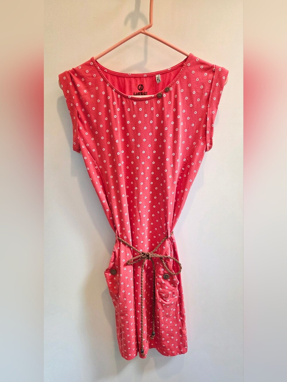 Coral Polka Dot Tie-Waist Women's Cotton Dress